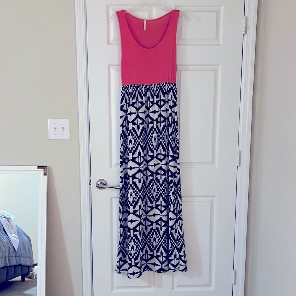 Maxi dress made by Tyche. Black and white bottom. Pink too.